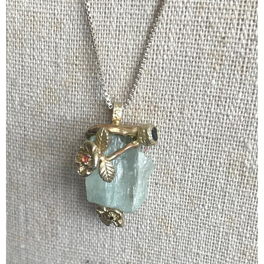 Aquamarine Pendant Necklace Sterling Silver 925 Gold Vermeil Leaf Branch 17" - Picture 4 of 10